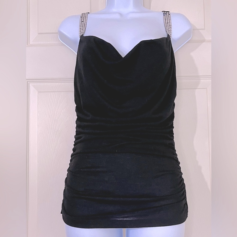 🌸3/$25 🆕 Monaco Drape Neck Black Tank Top with Rhinestones & Ruching Detail